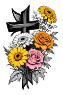 black cross, yellow, carnations, white, daisy's, pink rose's, and orange marigolds line drawing flowers  tattoo design idea