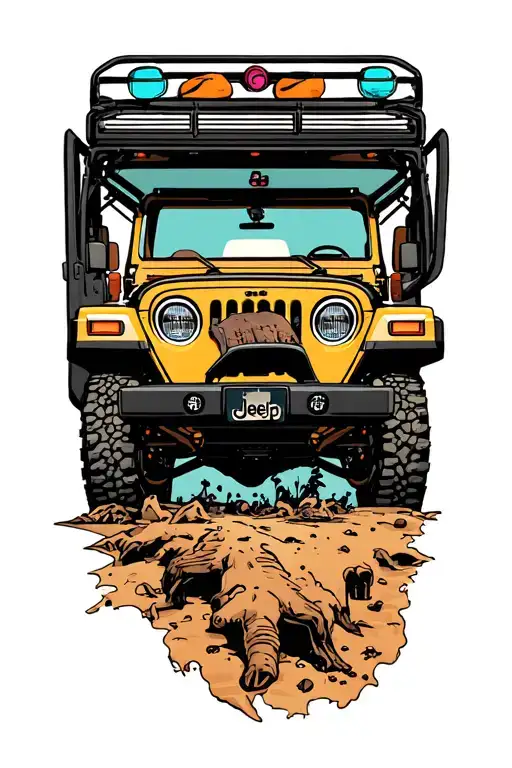 	•	Jeep (roof and doors off) – near the outside, angled like it’s driving toward the wrist, bold black outline, flat col tattoo design idea