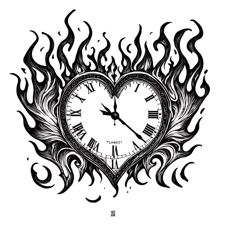 "Mélanie" clock heart in flame tattoo design idea