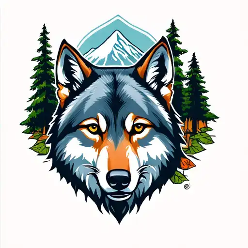 mountain and forest with a wolf surrounded tattoo design idea