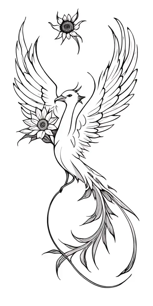 feminine phoenix rising wings spread long flowing tail feathers brush strokes with lotus, red spider Lilly and sunflower tattoo design idea