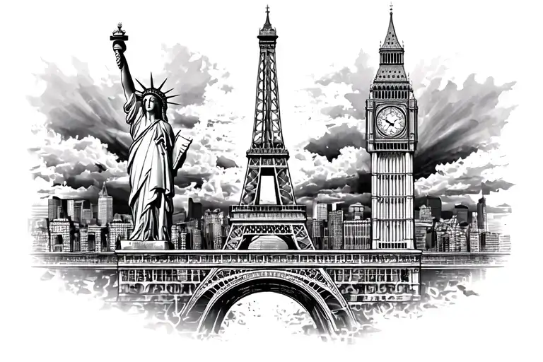 outline eiffle tower Big Ben Statue of Liberty Bali pagoda tattoo design idea