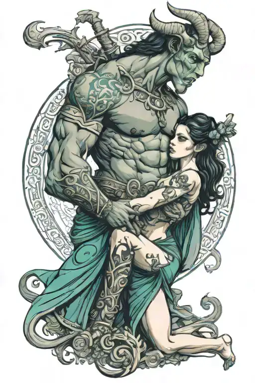 minotaur holding a fire bow with his arm around dark haired elf woman in a revealing teal dress tattoo design idea