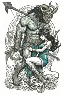 minotaur holding a fire bow with his arm around dark haired elf woman in a revealing teal dress tattoo design idea