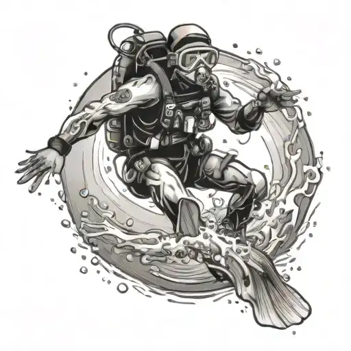 scuba diver launching out of the water like a jumping fish tattoo design idea