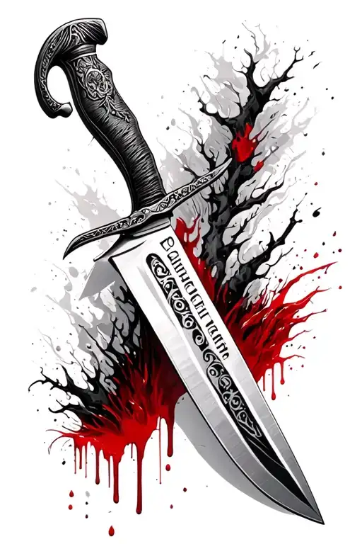 Bowie knife with a decorated blade with the words Lo tirṣaḥ going down the blade with blood on the knife and dripping tattoo design idea