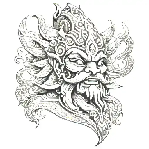 "Generate a highly detailed and visually striking image of a mythological character inspired by Ravana tattoo design idea
