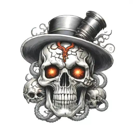 creepy realistic skull with a coral snake coiled throughout its eyelids with venom bottles around tattoo design idea