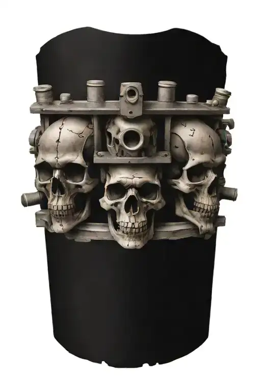 railroad train tracks with skulls and engine pistons tattoo design idea