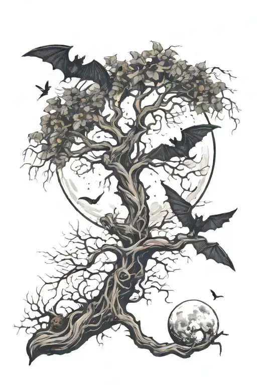 moon behind a poison tree with bats fly by the roots  tattoo design idea