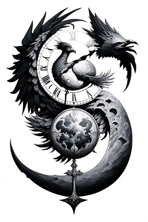 cross Phoenix triple moon sand clock tattoo design idea