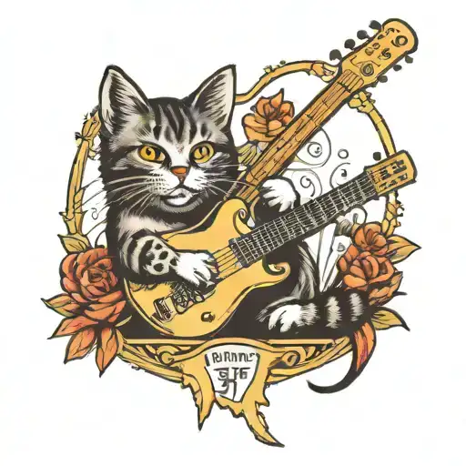 A traditional tattoo featuring a cat playing a guitar, merging your love for cats and music in a classic style tattoo design idea