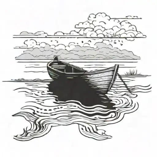 A wooden row boat floating serenely on a river, with a tranquil sky above. Below the surface, distorted faces of drownin tattoo design idea