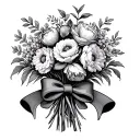 bouquet with only the birth flowers of the birth months may, december, november, october, and march with a bow around it tattoo design idea
