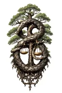 tree of life, knucklehead engine, libra scales intertwined tattoo design idea