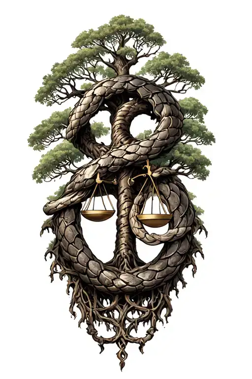 tree of life, knucklehead engine, libra scales intertwined tattoo design idea