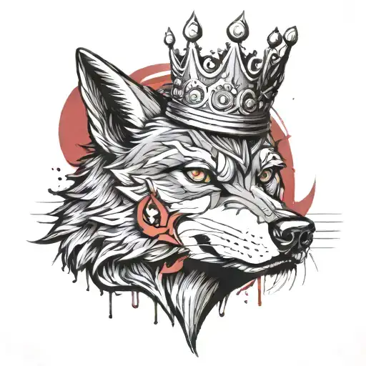 A wolf with a sword in its mouth and a crown on its head tattoo design idea