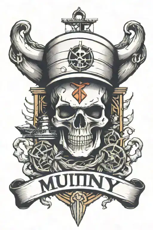 big container ship with stacks of containers with a skull and anchor below and with text below that says "mutiny" tattoo design idea