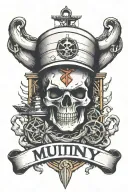 big container ship with stacks of containers with a skull and anchor below and with text below that says "mutiny" tattoo design idea