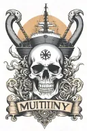 big container ship with stacks of containers with a skull and anchor below and with text below that says "mutiny" tattoo design idea