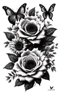 roses, Mandela, sunflowers, butterflies flying tattoo design idea