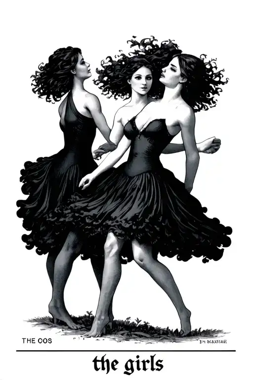 tarot card labeled "the girls" showing three women dancing in the woods tattoo design idea