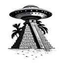 ufo and Mayan temple tattoo design idea