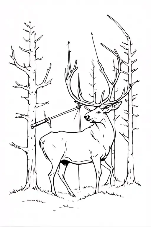 elk standing in trees with a archery hunter  tattoo design idea
