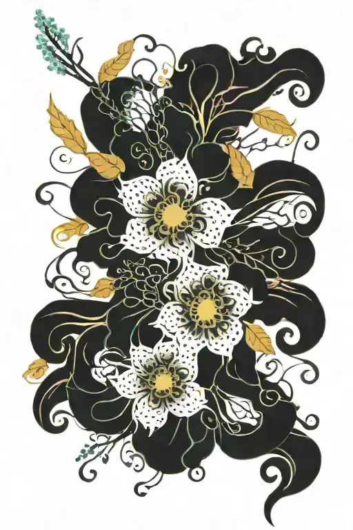 An unusual curly flowers, radiance, twigs intertwine, patterns tattoo design idea
