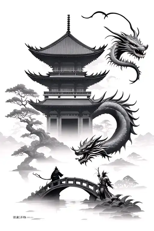 Japanese pagoda wrapped by a dragon with a Japanese warrior below the building walking on the bridge across the garden  tattoo design idea
