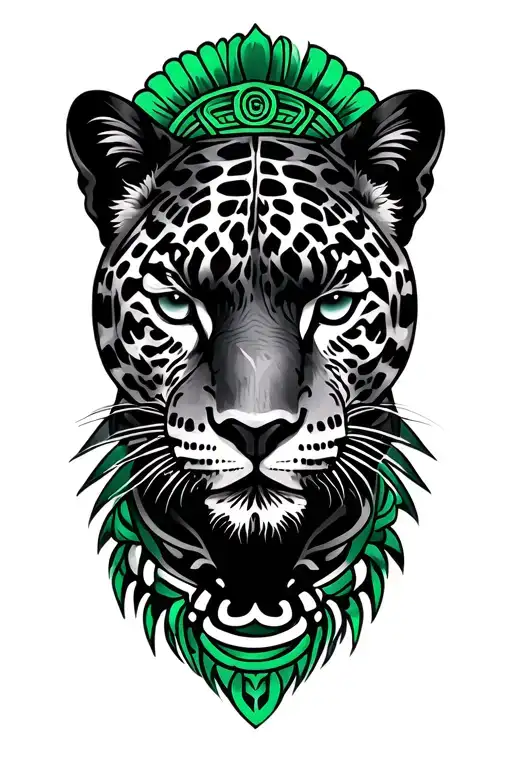 black jaguar and Mayan green headress tattoo design idea