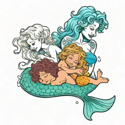 Mermaid nursing her curly haired blonde son while her older blonde son cuddles with them, incorporating Texas longhorns and bluebonnets tattoo design idea