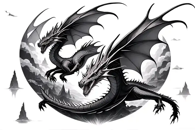 2 dragons flighting with floating islands in the background tattoo design idea