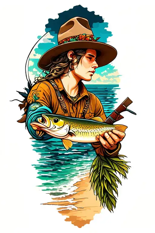 neo traditional patchwork sleeve, themed around hunting, the beach and fishing tattoo design idea