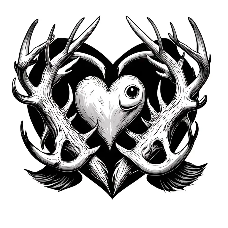 Heart made from 6 point deer antler on the left side and fish hook on the right side  tattoo design idea