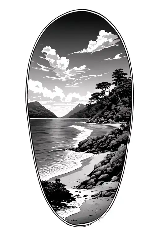 Abel Tasman national park bush headlands bays & beaches mixed together tattoo design idea