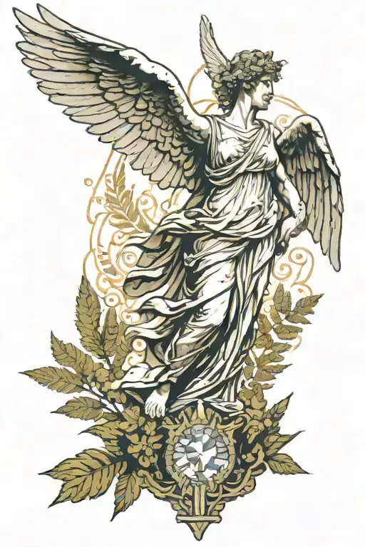 Winged Victory of Samothrace statue with a diamond backdrop intersecting it and fern coming out of it tattoo design idea