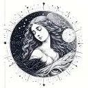 Constellation de: 1. In the center is a stylized constellation Virgin (8-10 main stars connected by thin elegant lines) 2. Sleep tattoo design idea