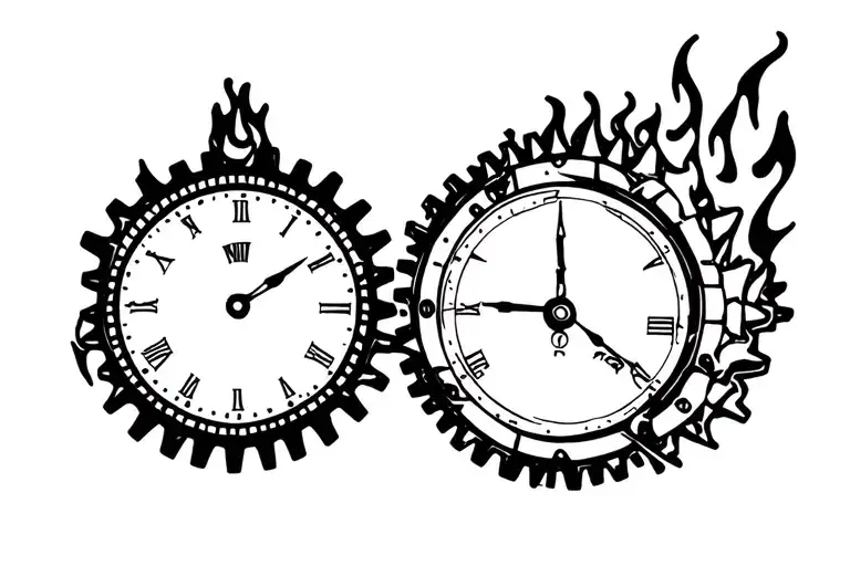 burning timepiece with gears tattoo design idea