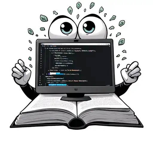 an open book with googlie eyes, holding a computer. There is code coming out of the pages of the book tattoo design idea