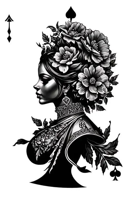 Black Queen of Spade with flowers tattoo design idea