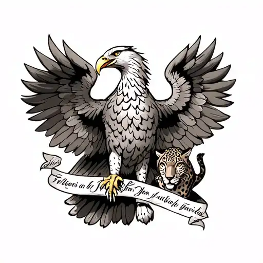 A Tattoo with a Double-Headed Eagle and a Leopard Next to It, with Writing on the Eagle's Foot tattoo design idea