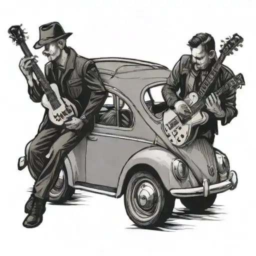 man inside Volkswagen beetle with another man leaning on hood playing guitar tattoo design idea