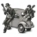 man inside Volkswagen beetle with another man leaning on hood playing guitar tattoo design idea