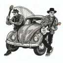 man inside Volkswagen beetle with another man leaning on hood playing guitar tattoo design idea