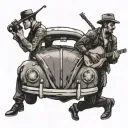 man inside Volkswagen beetle with another man leaning on hood playing guitar tattoo design idea