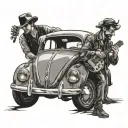 man inside Volkswagen beetle with another man leaning on hood playing guitar tattoo design idea