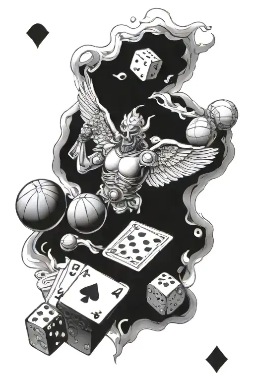 Fire rabiit, in 1987,Aces card, dices, Basketball ball, Angel and the shadow of angel is demon tattoo design idea