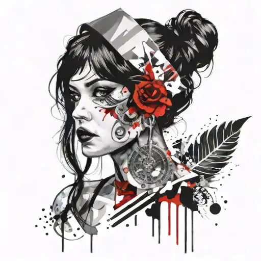 gypsey girl with black hair holding book gaged earrings tattoo design idea