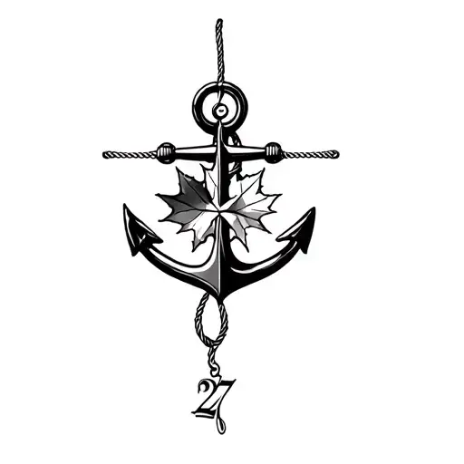anchor with compass in the middle maple leaf ingrained on the anchor and rope dangling and the number 27 on the anchor tattoo design idea